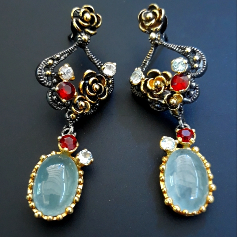 Handcrafted Oval Aquamarine Rose Earrings
